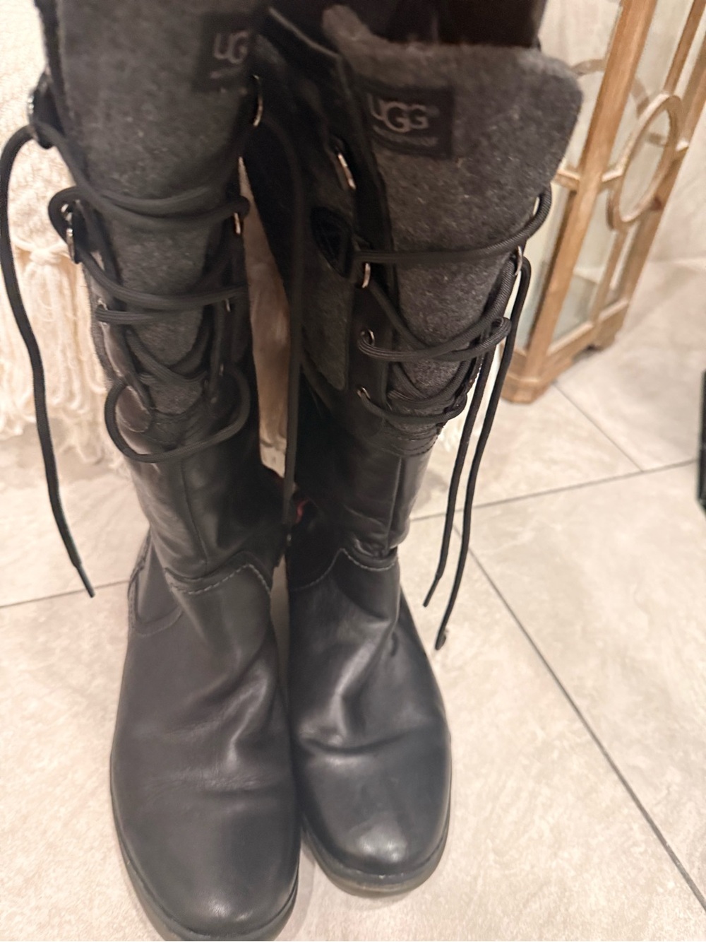 🔥🔥CLOSET BLOWOUT🔥🔥🔥UGG Black Leather Lace-Up Tall Boots with Gray Wool Cuff